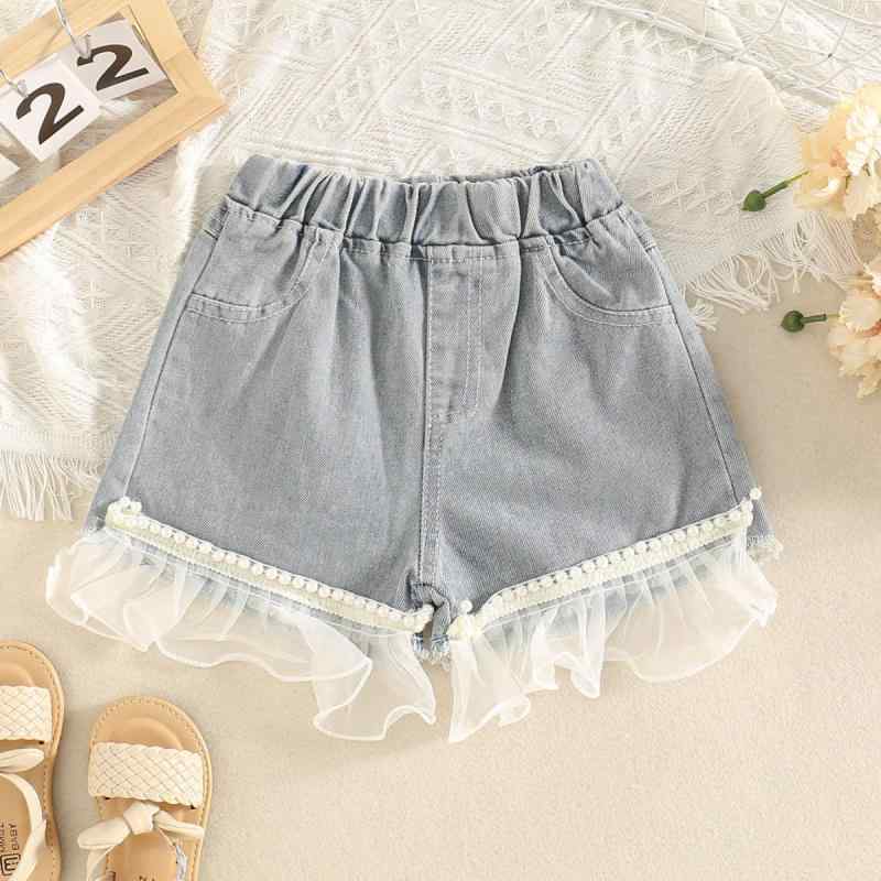 Rakuten - ショートパンツ キッズ 女の子 デニムパンツ 半ズボン ウエストゴム パール付き レース フリル かわいい カジュアル 通園 通学 普段着 柔らかい コットン素材