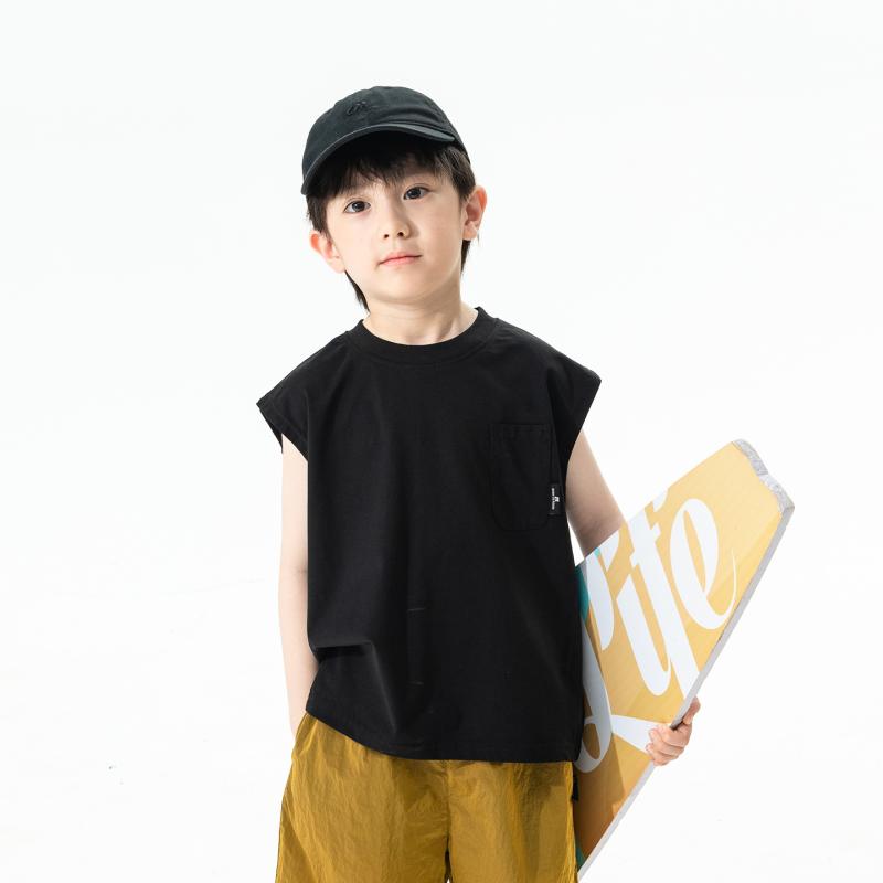 タンクトップ キッズ 男の子 サマーニット ノースリーブ Tシャツ 薄手 接触冷感 吸汗速乾 部屋着 トップス カジュアル ポケット付き 丸首 無地 ホワイト ブラック