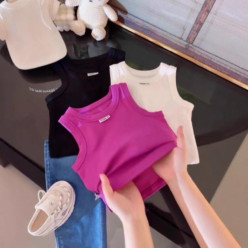 Tシャツ キッズ 女の子 半袖 ノースリーブ トップス タンクトップ 子供服 ベビー服 ラウンドネック コットン アルファベット ワッペン ロゴ 薄手 涼しい 韓国風 スポーティー かわいい 通園 通学 夏 ホワイト