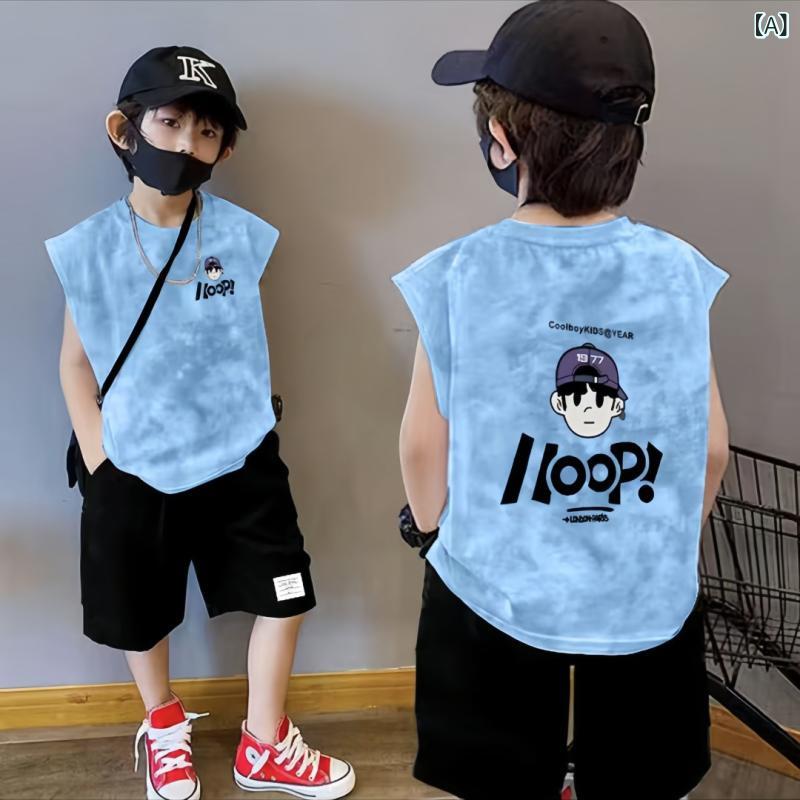 ・カテゴリ: 子供用タンクトップ、キャミソール・性別: 男児・スタイル: スクール風・袖丈: ノースリーブ・対象年齢: 中小の子供（3～8歳、100～140cm）・生地加工: 柔軟処理・柄: キャラクター・主な素材: 綿 100%・安全基準: B類・ネックライン: クルーネック・フード: なし・カラー展開: スカイブルー、フォグブルー、カーキ、ブラック、ホワイト・対象身長: 110cm、120cm、130cm、140cm、150cm、160cm