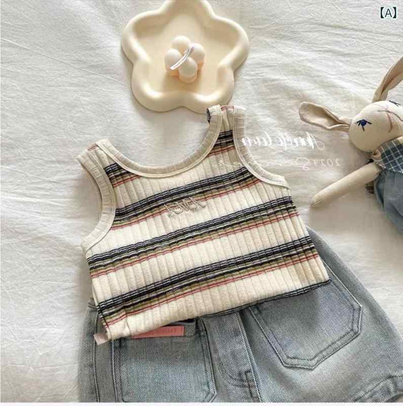 ふんわり暮らし鞄店のタンクトップ キッズ 女の子 ノースリーブ トップス キャミソール 子供服 ベビー服 カジュアル ボーダー コットン 涼しい 夏 通気性｜アングル2