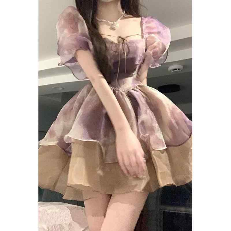 Rakuten - ワンピース レディース 春夏 チュール プリンセス ボリューム パフスリーブ スクエアネック リボン ウエストマーク ミニ丈 Aライン 切り替え パープル フェミニン ガーリー カジュアル