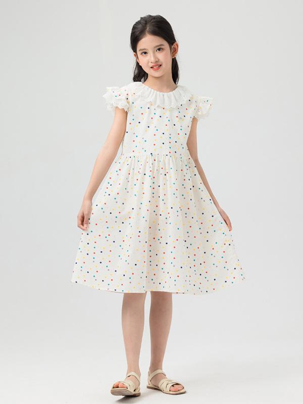 乐天商城 - ワンピース キッズ 女の子 半袖 フレンチスリーブ コットン A字 膝丈 カラフル ドット柄 花柄 襟付き 夏 カジュアル かわいい 通学
