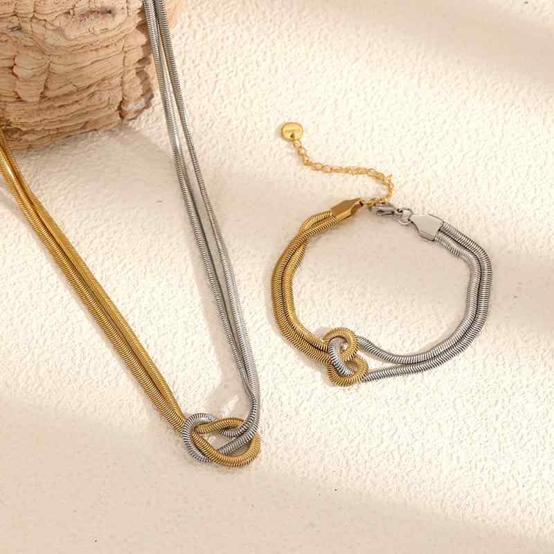 Necklace and necklace set for women and men, featuring 18k gold-plated stainless steel, snake bone chain, knot motif, unique gold and silver two-tone color, plated finish, hypoallergenic.