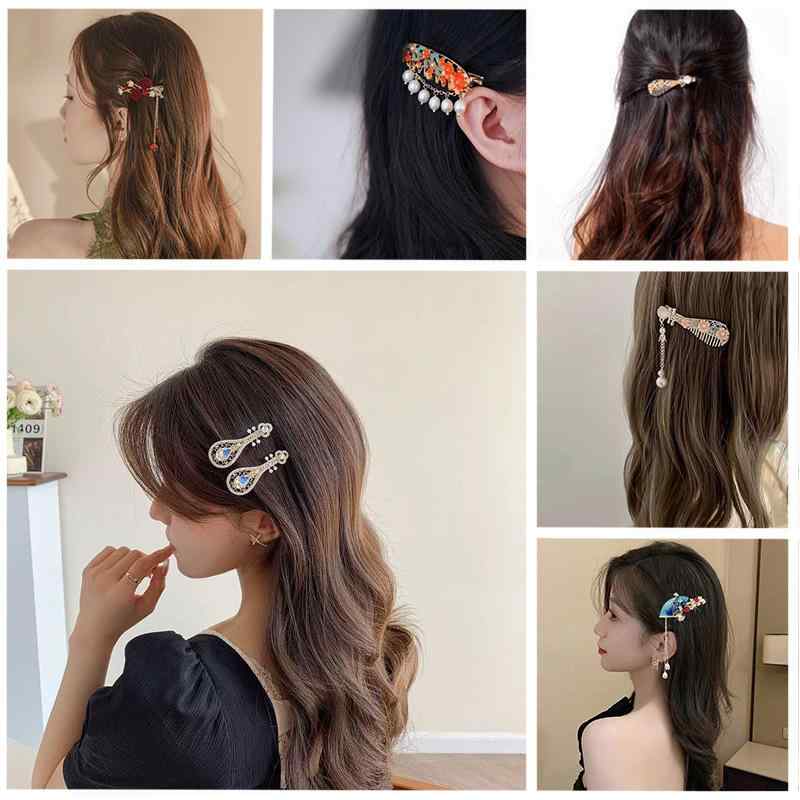 ・カテゴリ: ヘアアクセサリー・スタイル: レトロ、中華風・対象: レディース・タイプ: ダッカールクリップ・素材: 合金、ラインストーン、フェイクパール・デザイン: 扇子、琵琶、梅、うさぎ、タッセル、吉祥柄・カラー展開: 水鑽琵琶、古風扇子、古風琵琶フリンジ、梅花フリンジ、焼藍パール、古風琵琶、兎フリンジ