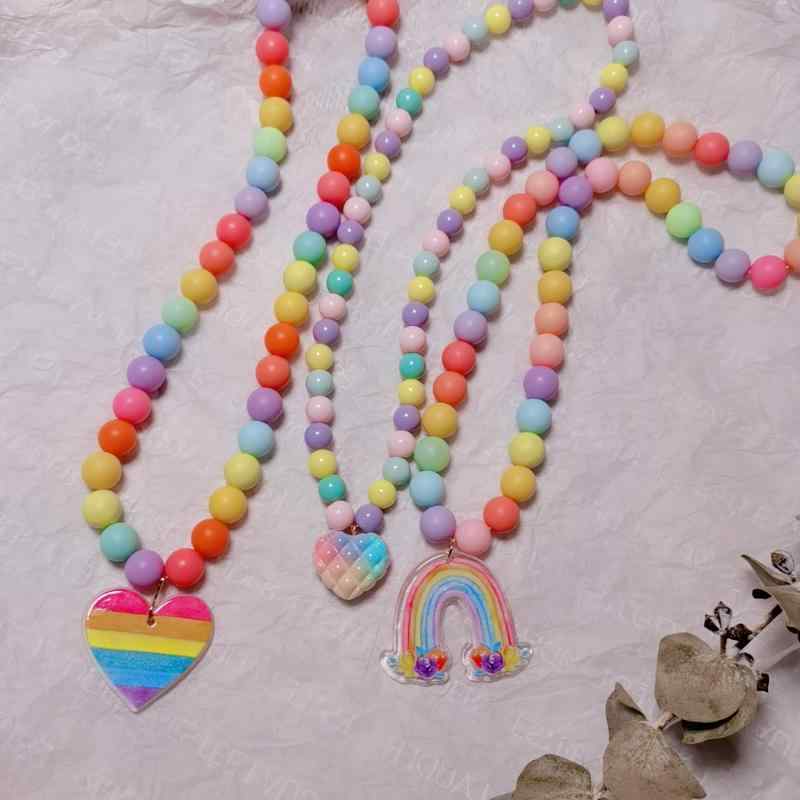 ネックレス キッズ 女の子 2点セット ブレスレット アクリル レインボー ハート かわいい 3歳 4歳 5歳 6歳 アクセサリーセット プレゼント カラフル ギフト