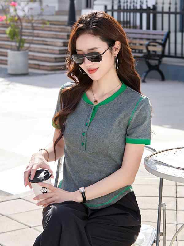 乐天商城 - Tシャツ レディース 半袖 Vネック 切り替え バイカラー 前ボタン スリム フィット 薄手 伸縮性 ストレッチ コットン混 無地 カジュアル トップス 部屋着 インナー