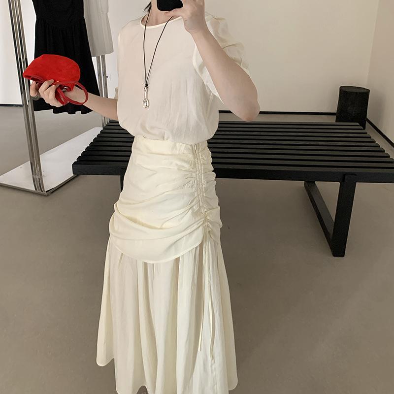 Rakuten - セットアップ レディース 春夏 半袖 シャツ ロングスカート 切り替え カジュアル フェミニン テンセル混 リネン混 無地 プリーツ お呼ばれ 通学 通勤