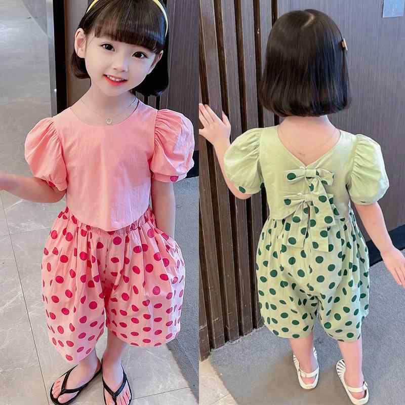 セットアップ キッズ 女の子 半袖 トップス ワイドパンツ ガウチョパンツ 2点セット コットン 春夏 ドット柄 水玉 リボン かわいい 通園 通学 普段着 ピンク グリーン
