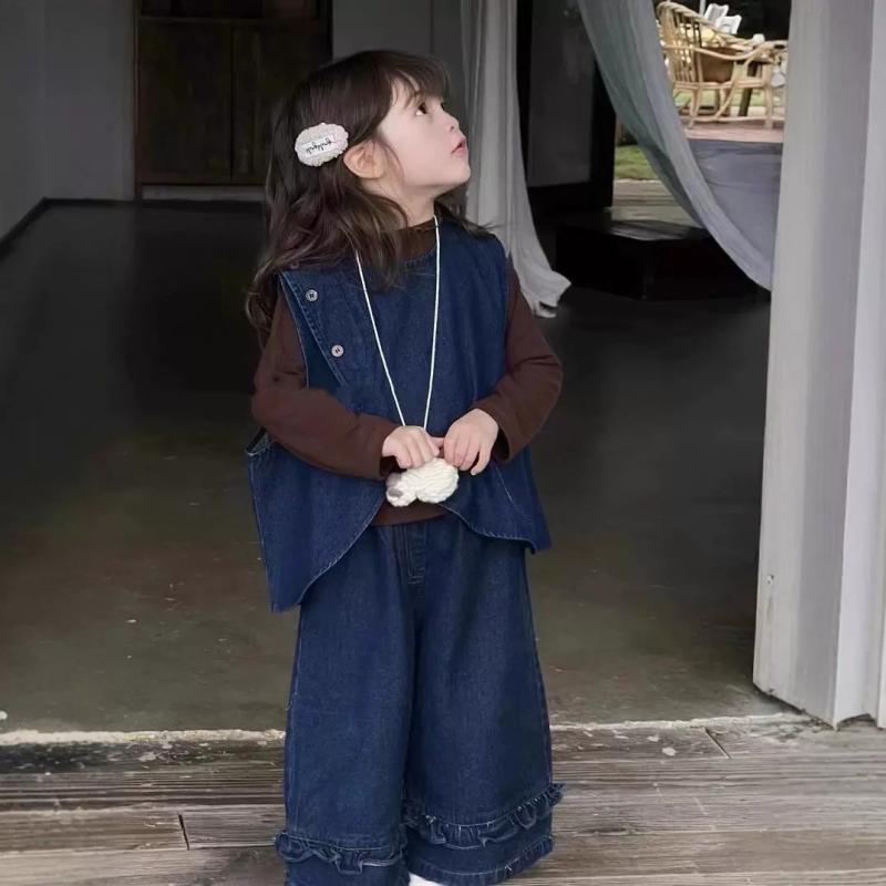 乐天商城 - セットアップ キッズ 女の子 秋冬 長袖 コットン デニムベスト パンツ 3点セット カットソー インナー カジュアル