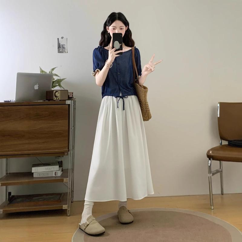 乐天商城 - ワンピース レディース 春夏 2点セット トップス 膝丈 切り替え 半袖 ゆったり 体系カバー 体型カバー カジュアル フェミニン お出かけ 通学 デート きれいめ おしゃれ