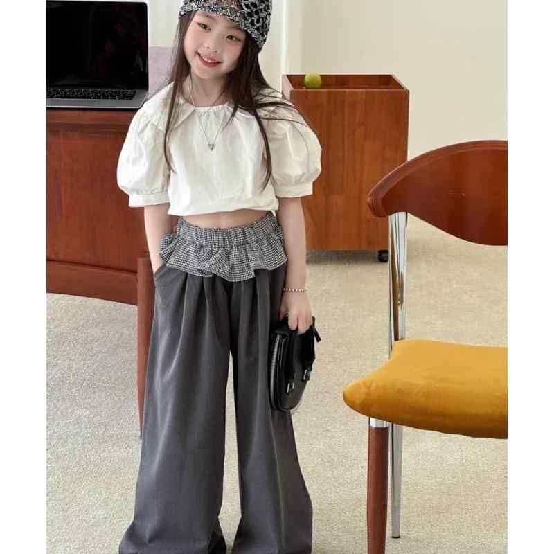 セットアップ キッズ 女の子 春夏 半袖 ブラウス 襟付き パフスリーブ トップス ロングパンツ スラックス 2点セット コットン 混 カジュアル かわいい 韓国風 子供服