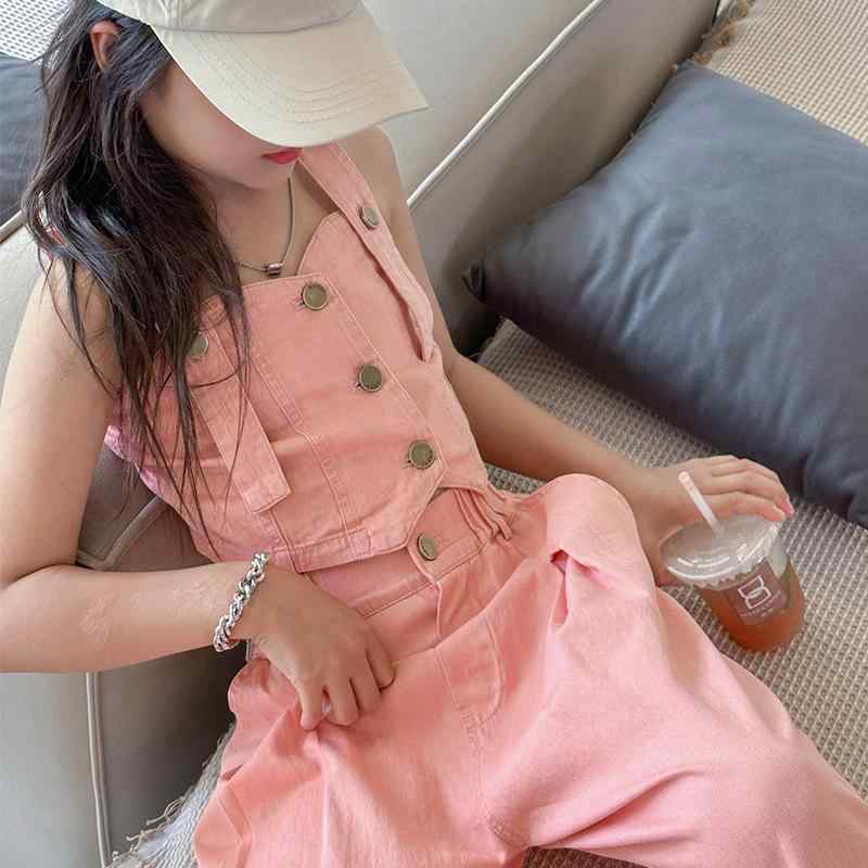 セットアップ キッズ 女の子 夏服 キャミソール ベスト ロングパンツ デニムパンツ 2点セット ノースリーブ 無地 カジュアル 薄手 韓国風