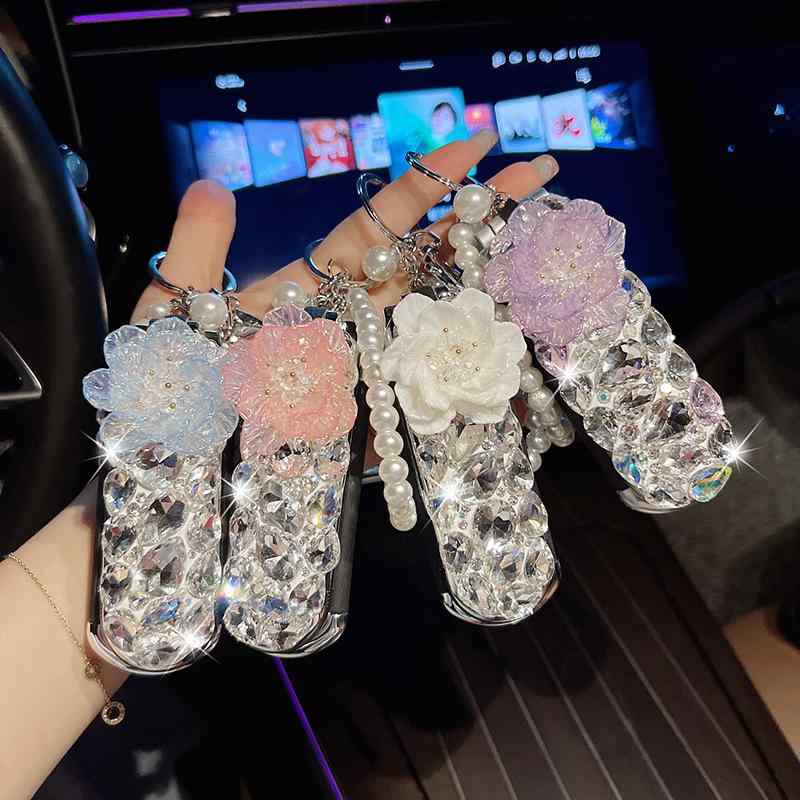 乐天商城 - キーホルダー レディース 折りたたみ鏡 コーム 2WAY コンパクトミラー 水晶 クリスタル フラワー ラインストーン バッグチャーム 携帯用 おしゃれ キーリング