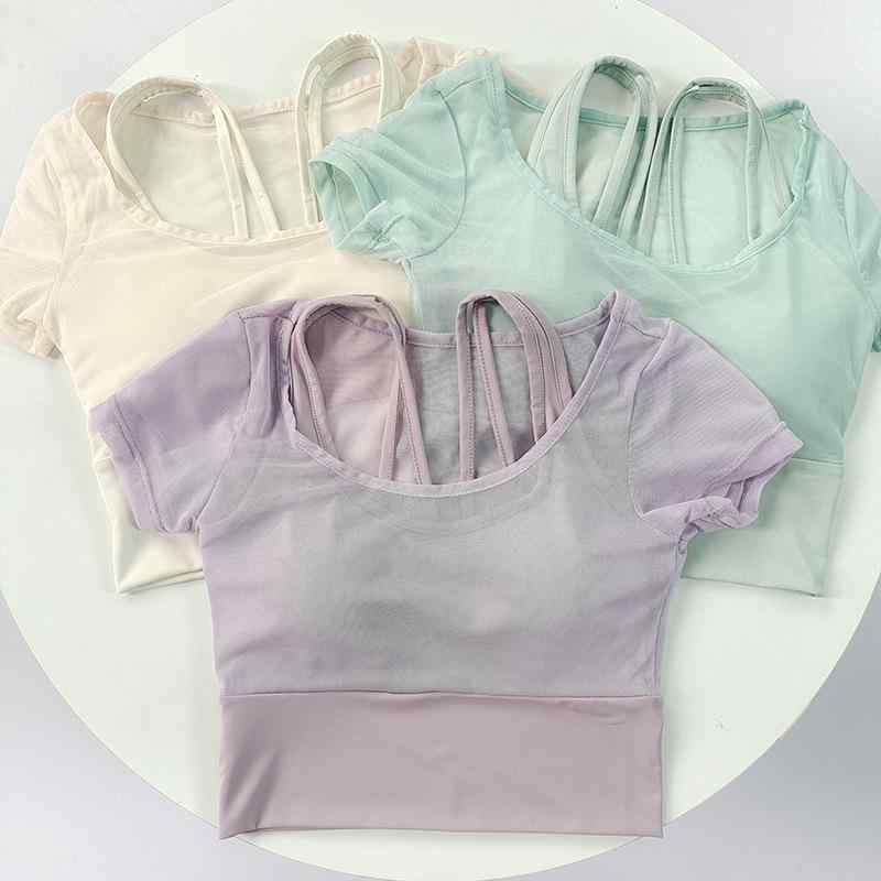 Tシャツ レディース ヨガウェア トップス 半袖 2点セット 重ね着風 カップ付き 透...