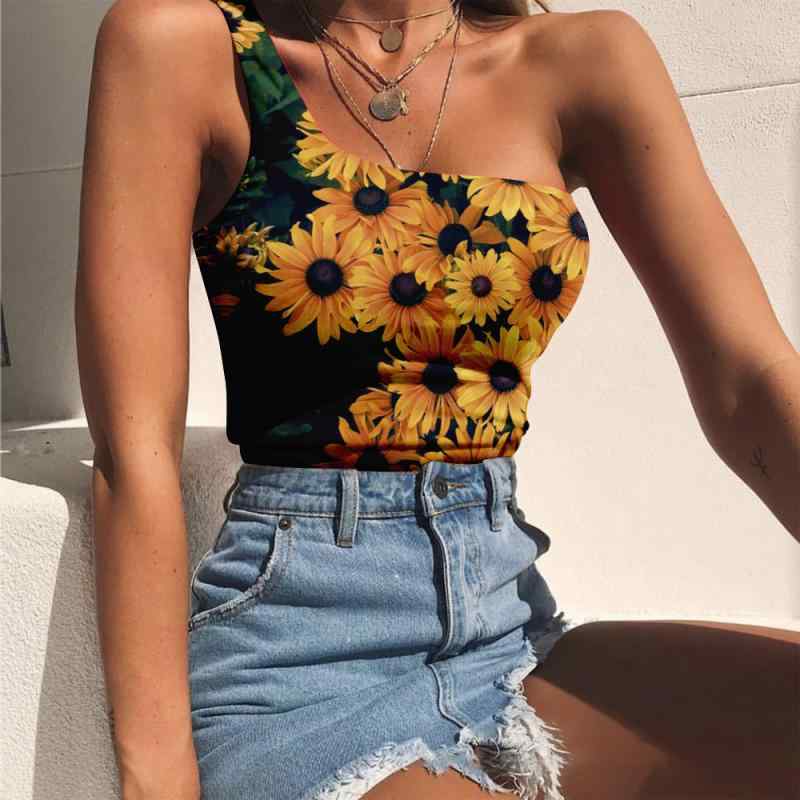 Rakuten - Tシャツ レディース ノースリーブ ワンショルダー 花柄 3Dプリント キャミソール チューブトップ ベアトップ 再生繊維 ショート丈 スリム フィットネス カジュアル インナー トップス