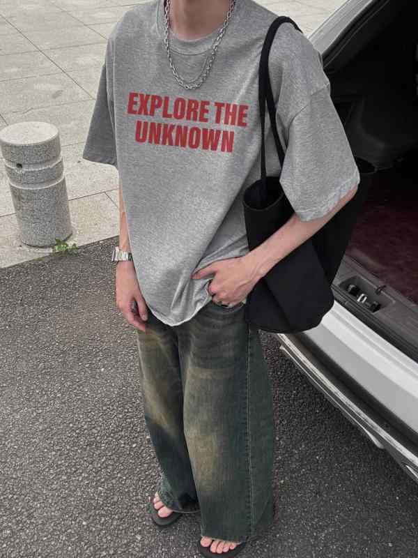 Tシャツ メンズ 半袖 春夏 クルーネック ゆるめ コットン混紡 アルファベット プリント グレー カジュアル スポーツ