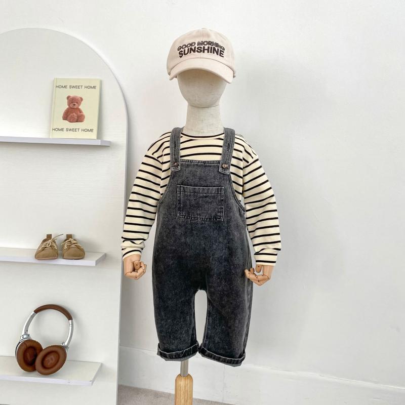乐天商城 - セットアップ ベビー キッズ 男女兼用 秋 長袖 ボーダー柄 カットソー デニム サロペット パンツ ロングパンツ 2点セット コットン混 柔らかい カジュアル