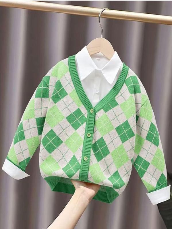 ニットカーディガン キッズ 男の子 女の子 春秋 Vネック 長袖 トップス アウター 子供服 韓国風 チェック柄 前開き 羽織り 柔らかい カジュアル 通学 通園 グリーン