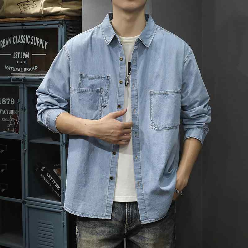 乐天商城 - シャツ メンズ 春秋 長袖 デニム カジュアル レトロ ゆったり 無地 ジャケット アウター おしゃれ 耐摩耗 ライトアウター