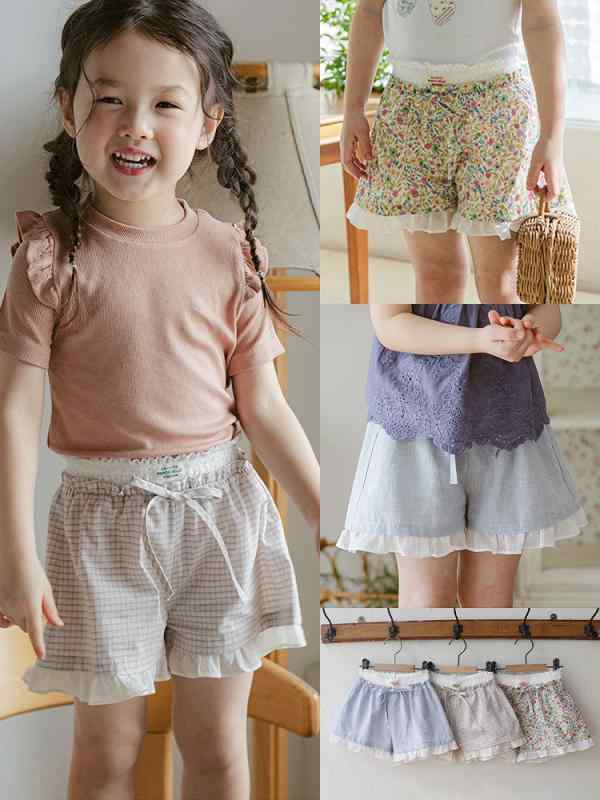ショートパンツ キッズ 女の子 春夏 薄手 コットン レース 花柄 チェック柄 Aライ...
