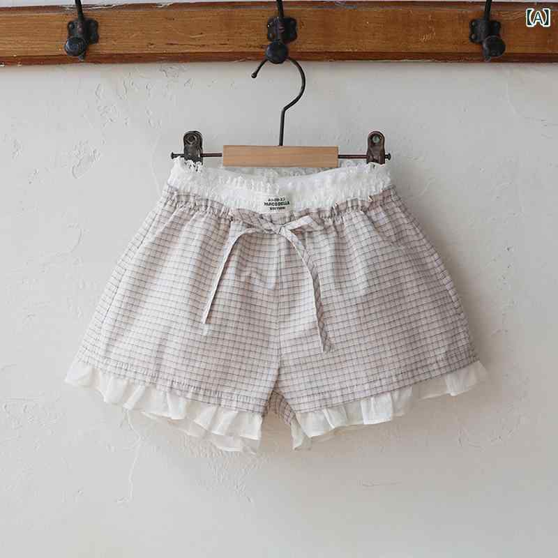 ショートパンツ キッズ 女の子 春夏 薄手 コットン レース 花柄 チェック柄 Aライ...