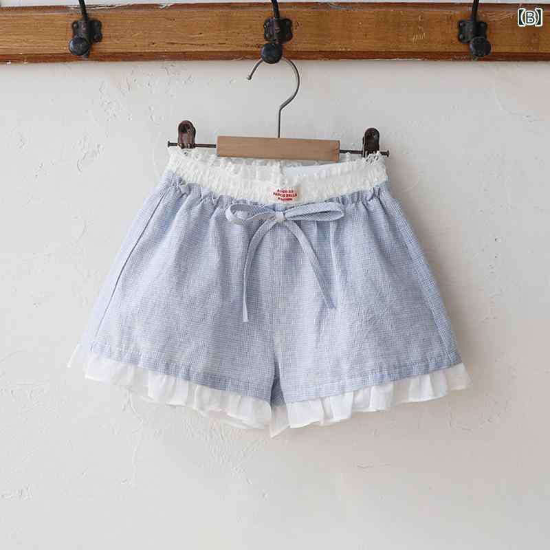 ショートパンツ キッズ 女の子 春夏 薄手 コットン レース 花柄 チェック柄 Aライ...