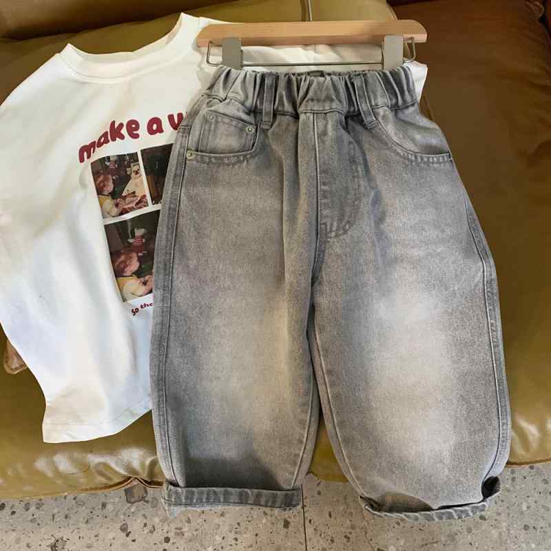 デニムパンツ キッズ 男女兼用 春夏 ロングパンツ ジーパン 長ズボン ボトムス 子供服 ライトグレー カジュアル 無地 ウエストゴム 動きやすい 通学 通園