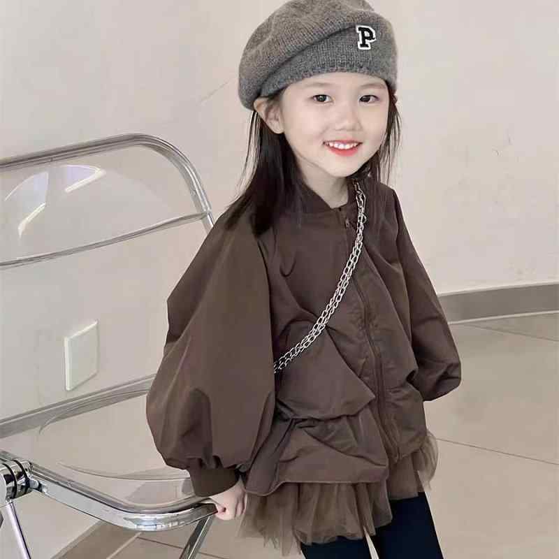 乐天商城 - ジャケット キッズ 女の子 アウター 子供服 レース 切り替え 重ね着風 フェイクレイヤード クルーネック 長袖 ジップアップ カジュアル 通園 通学 かわいい おしゃれ 秋