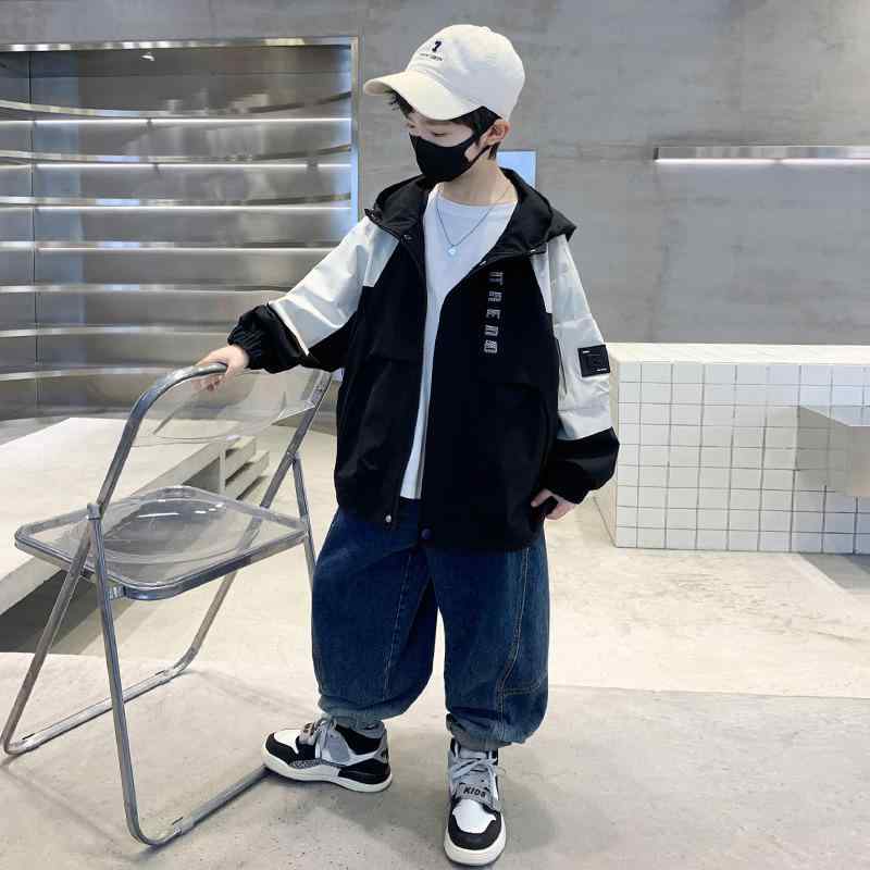 ジャケット キッズ 男の子 春秋 防風 軽量 英字 切り替え ウィンドブレーカー フードなし アウター ブルゾン カジュアル 子供用 ジュニア 通学