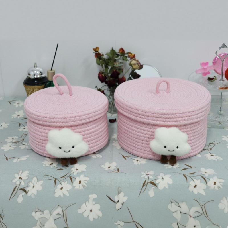 乐天商城 - 収納バスケット かわいい ピンク 雲 3点セット コットンロープ 手編み 卓上 小物入れ かご 整理 ボックス ピクニック お菓子入れ 雑貨