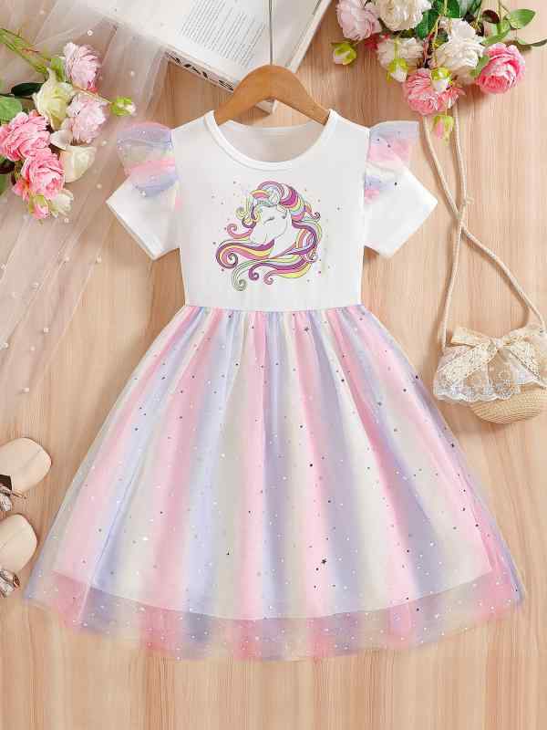 ワンピース キッズ 女の子 半袖 プリンセスドレス フリル コサージュ かわいい 通...