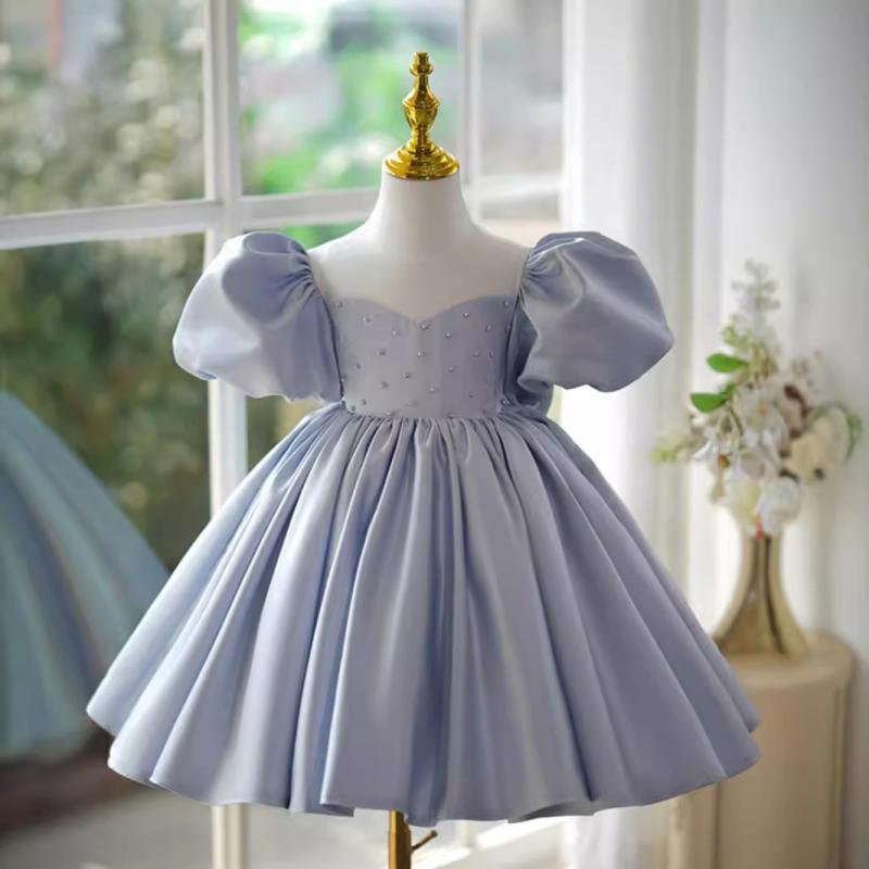 ドレス キッズ 女の子 プリンセス パフスリーブ ビーズ り 1歳 誕生日 結婚式 発表会 パーティー チュール レース フリル ふんわり かわいい フォーマル