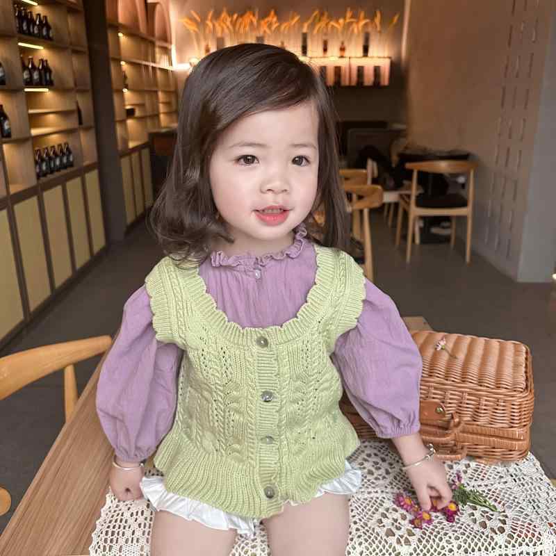 ベスト キッズ ベビー 女の子 春秋 コットン ニット 前後両用 Vネック 透かし編み カーディガン ノースリーブ 無地 トップス かわいい ピンク グリーン