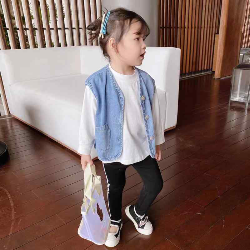 ベスト キッズ デニムベスト 春夏 女の子 前開き ボタン留め シンプル 着回し アウター 袖なし ノースリーブ チョッキ ブルー コットン
