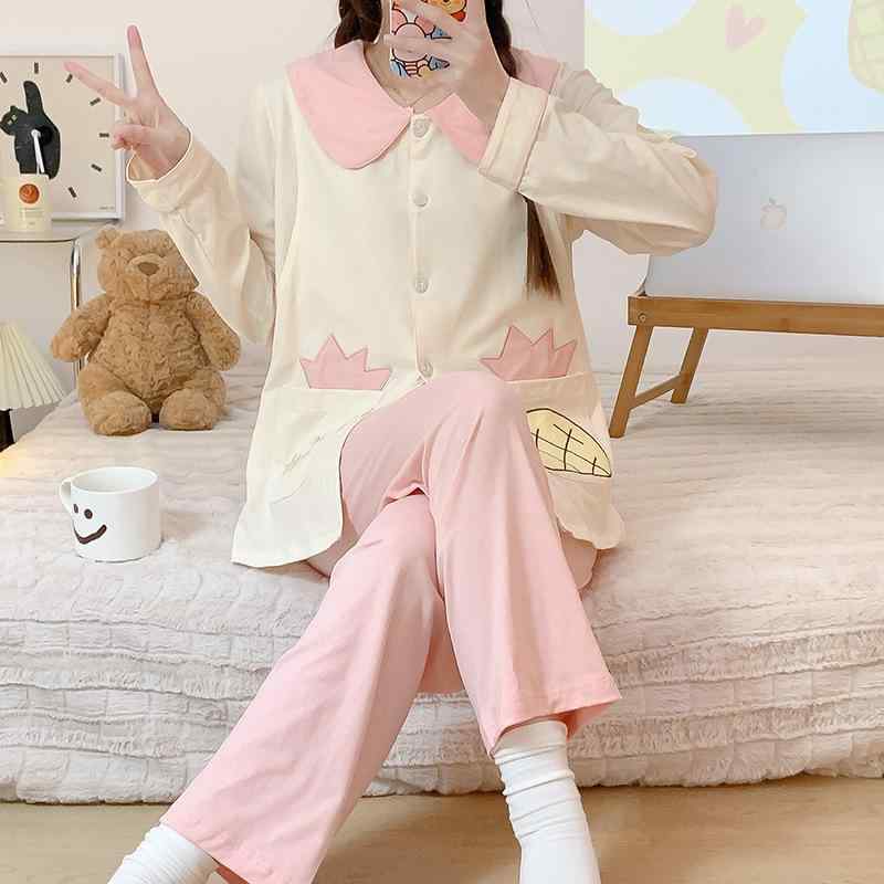 パジャマ レディース マタニティウェア 授乳服 長袖 長ズボン 前開き コットン 部屋着 ルームウェア 上下セット 産前 産後 パイナップル柄 かわいい 敏感肌