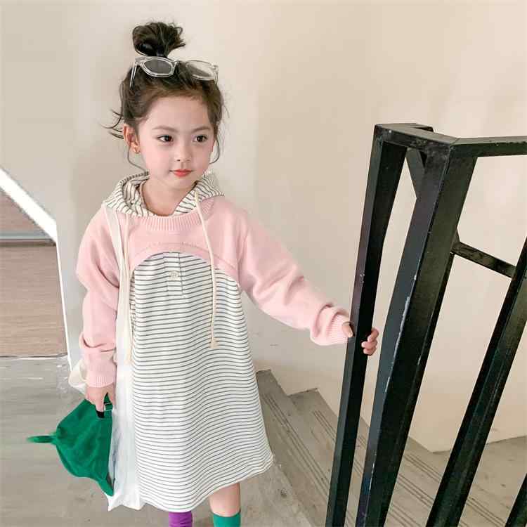 キッズ 女の子 秋 長袖 フード付き ボーダー パーカー ショール セーター 2点セット カジュアル コットンスタイル 子供服
