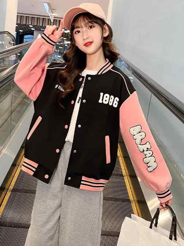 ジャケット キッズ 女の子 アウター 野球服 スタジャン 長袖 前開き シングルボタン カジュアル 普段着 通学 運動着 春秋 切り替え アルファベット プリント ピンク かわいい
