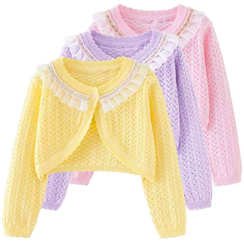 ・カテゴリ: 子供用ニットウェア・性別: 女児・生地加工: 柔軟加工・スタイル: 韓国風・対象年齢: 3〜8歳（身長100〜140cm）・生地の厚さ: 薄手・袖丈: 長袖・留め具の種類: 1つボタン・フード: フードなし・デザイン特徴: カーディガン、キャンディカラー・生地素材: ニット・主な素材: 綿 ・安全基準: B類・糸の太さ: 極細糸・ネックライン: クルーネック・カラー展開: ホワイト、ピンク、レッド、パープル、イエロー、ホワイト（レース）、ピンク（レース）、イエロー（レース）、パープル（レース）、ホワイト（アプリコットリボンレース）、ホワイト（ピンクリボンレース）、ホワイト（レッドリボンレース）・サイズ展開: 80cm、90cm、100cm、110cm、120cm、130cm、140cm、150cm、160cm