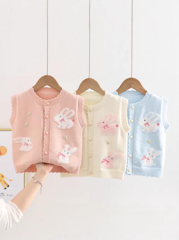ベスト キッズ 女の子 ニット カーディガン 部屋着 前開き トップス アウター うさぎ キャラクター かわいい 春秋 通園 通学 アクリル 柔らか