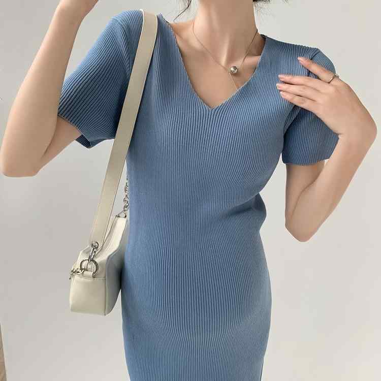ワンピース レディース 妊婦 授乳服 マタニティウェア 半袖 接触冷感 Vネック リブニット タイト 無地 伸縮性 ストレッチ ミディアム丈 カジュアル 産前 産後 授乳口付き