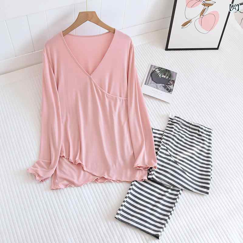 ふんわり暮らし鞄店のパジャマ レディース マタニティ ルームウェア 授乳服 春夏 接触冷感 薄手 長袖 長ズボン ウエスト調節可能 大きいサイズ 部屋着 産前 産後 入院 セットアップ 無地 モダール風｜アングル2