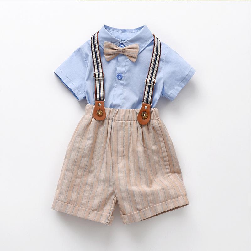 ・カテゴリ: 子供服セットアップ・スタイル: プレッピー・セット内容: トップス、パンツの2点セット・対象年齢: 1〜3歳（身長80〜100cm）・袖丈: 半袖・パンツ丈: ショートパンツ・生地の厚さ: 普通・柄: 無地・主な素材: 綿 ・安全基準: A類・留め具のタイプ: シングルブレスト・カラー展開: ライトブルーシャツ×カーキサスペンダーパンツ・サイズ展開: 59cm、66cm、73cm、80cm、90cm