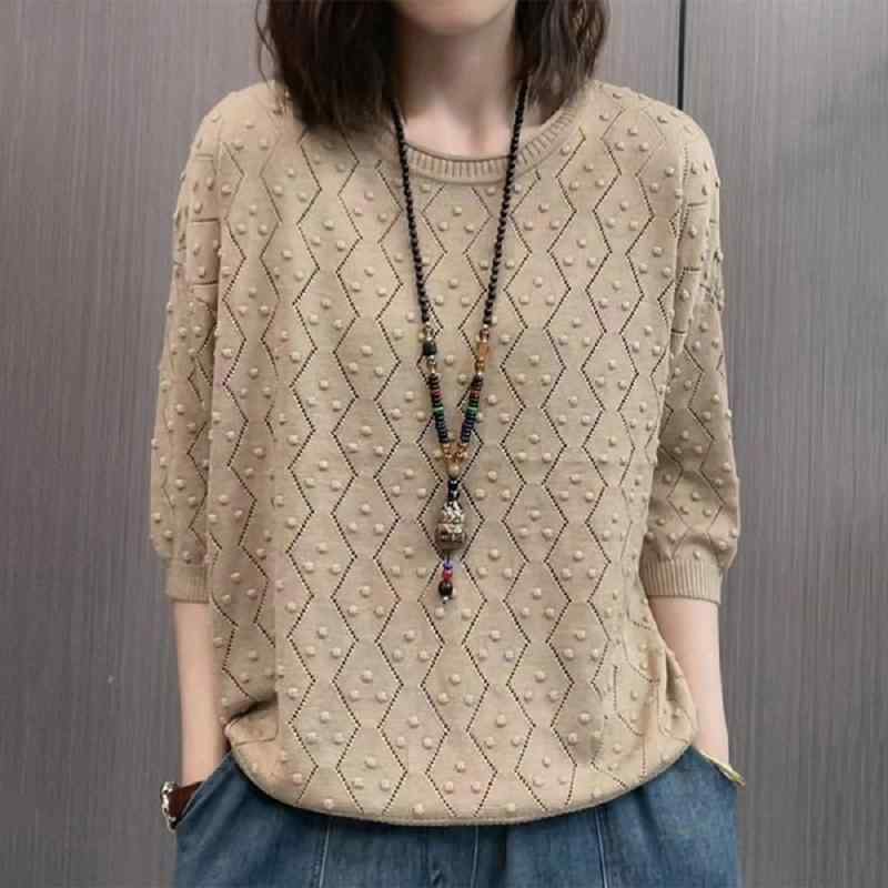 ・カテゴリ: セーター・スタイル: カジュアル・柄: 菱形・厚み: 中等・着用方法: プルオーバー・シルエット: ルーズフィット・袖丈: 五分袖・ネックライン: クルーネック・詳細: 透かし編み・カラー展開: ベージュ、カーキ、グリーン、ブラウン・サイズ展開: フリーサイズ