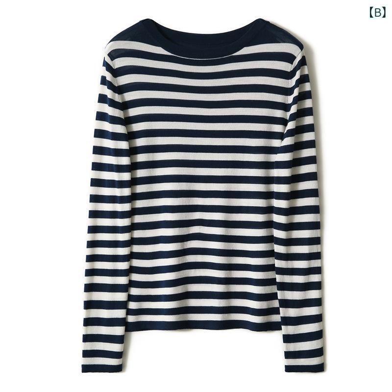 ふんわり暮らし鞄店のニット レディース 春秋 長袖 ストライプ トップス カットソー 丸首 ゆったり カジュアル ウール混 伸縮性｜アングル3