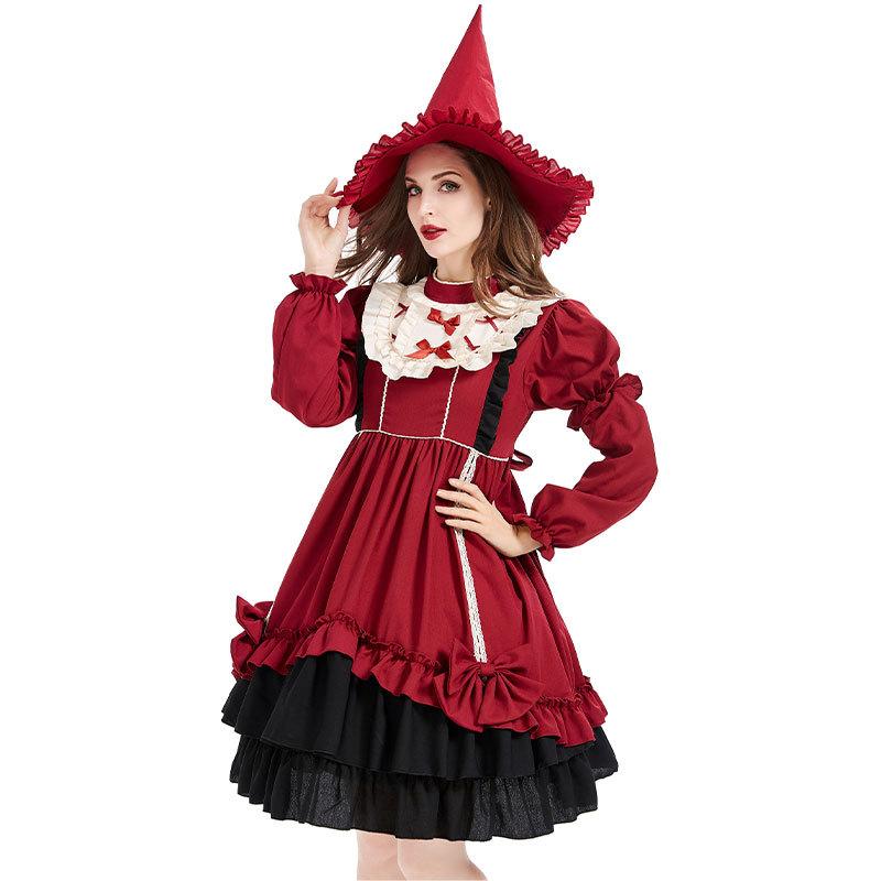 ワンピース レディース ハロウィン 魔女 コスプレ 衣装 ロリータ ドレス ワインレッド 仮装 大人用 かわいい イベント