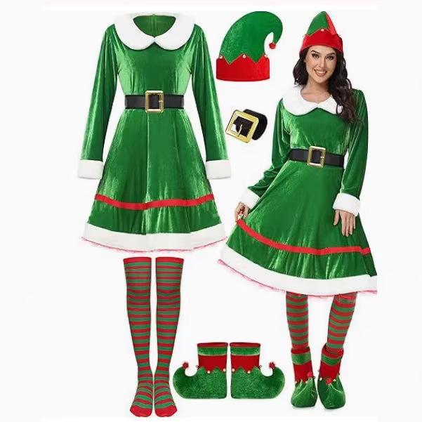 ワンピース レディース クリスマス サンタ コスプレ 衣装 3点セット 長袖 ベロア Aライン 緑 帽子 ベルト ボーダーソックス イベント パーティー