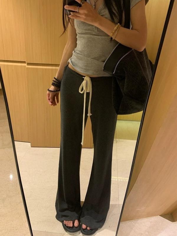 乐天商城 - パンツ レディース 低腰 微喇 ロング丈 接触冷感 薄手 垂れ感 着やせせ カジュアル 炭灰色 部屋着 通勤