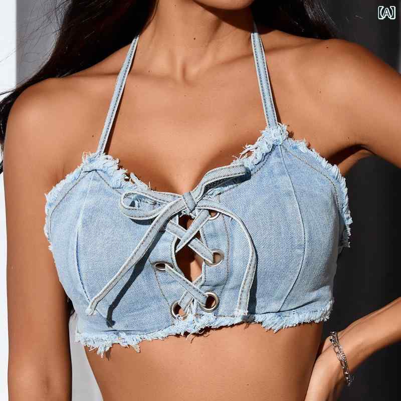 ふんわり暮らし鞄店の水着 レディース ビキニ セクシー ビスチェ デニム風 ショートパンツ 3点セット ノンワイヤー 胸パッド付き パッドあり バックシャン 無地 体型カバー ビーチ プール リゾート 海 スイムウェア｜アングル2