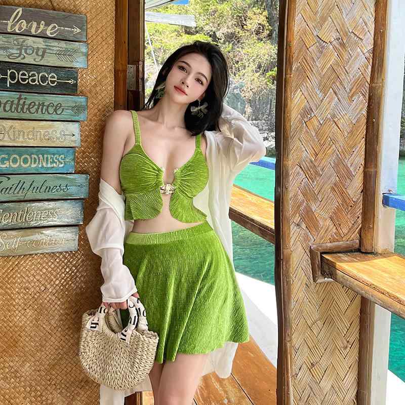 水着 レディース 大きいサイズ 体型カバー セクシー ビキニ 3点セット ワンピース風 ぽっちゃり 露出控えめ オフショル風トップス ハイウエスト ショートパンツ 2WAY グリーン